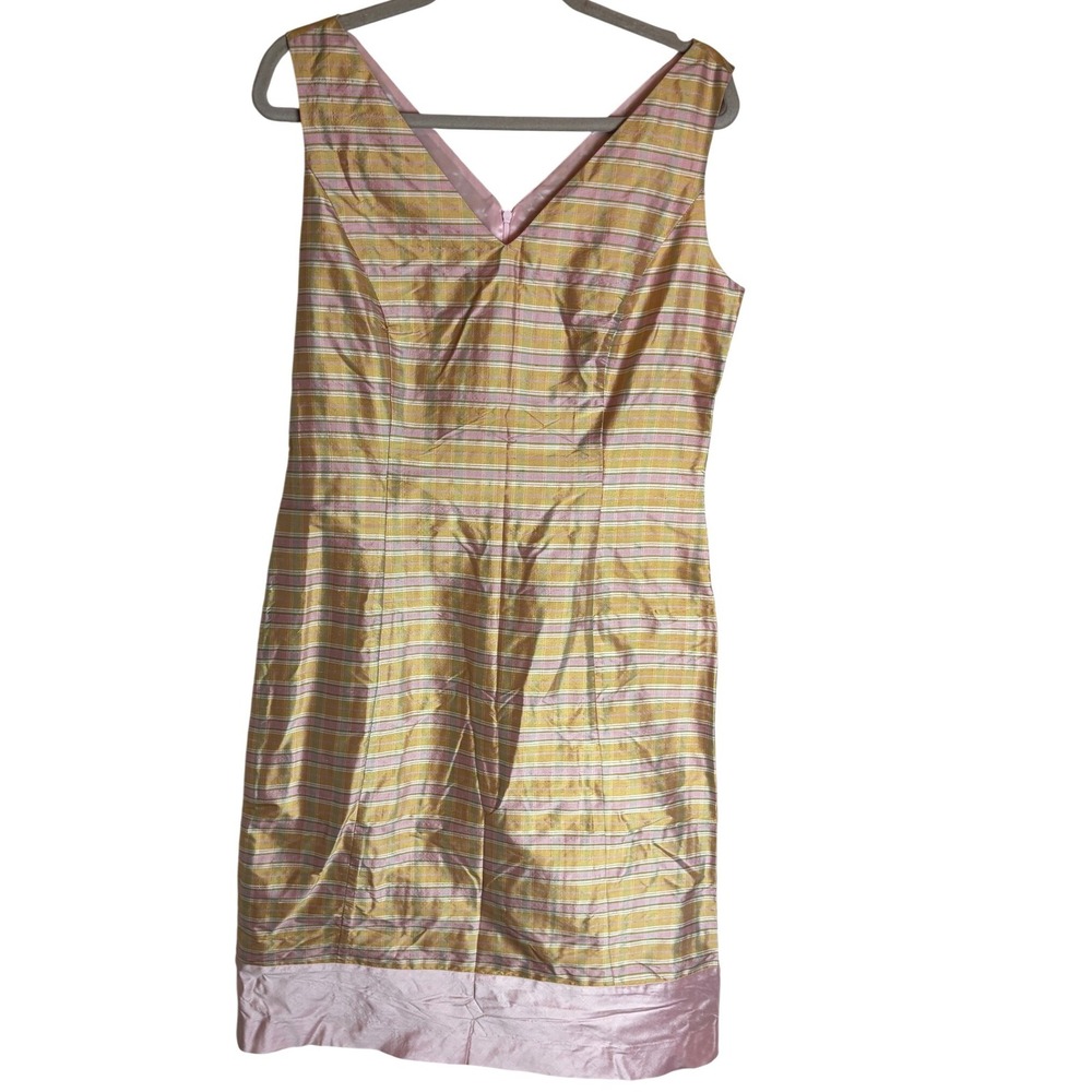 Vanessa Lundborg Women 100% Silk Plaid V-Neck Sheath Dress Gold Pink Green 40" L
